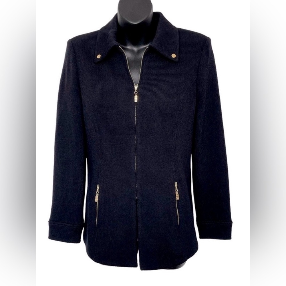 St. John Santana Knit Zip Jacket in Black with Gold Accents Quiet Luxury Size 2